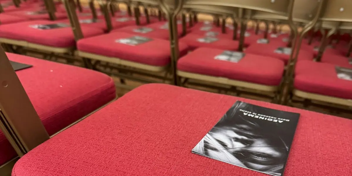 Poltrone di un teatro con il programma di sala prima dello spettacolo